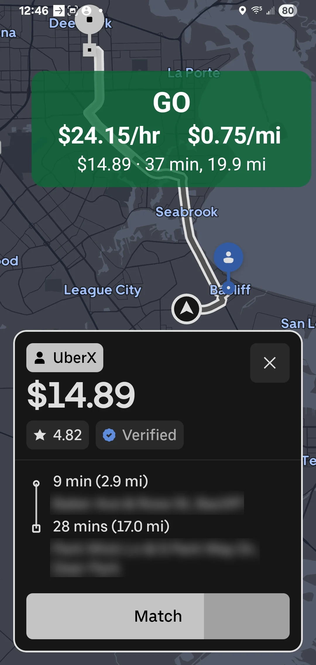 DriVerdict showing a color-coded GO analysis over a supported ride request.