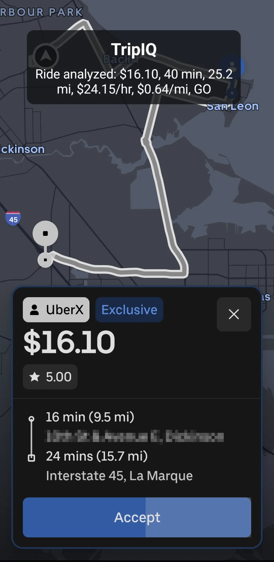 TripIQ displaying hourly and per-mile calculations over a rideshare request.